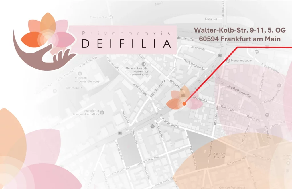 Anfahrtskarte mit Adresse der Privatpraxis Deifilia für Physiotherapie in der Walter-Kolb-Straße 9-11, 60594 Frankfurt am Main (Sachsenhausen).
